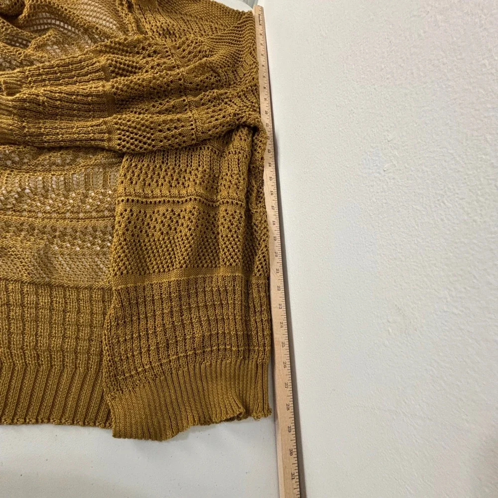 Mustard Yellow Open Knit Netted Crochet Cardigan Boho Coastal Kimono Cottage OS